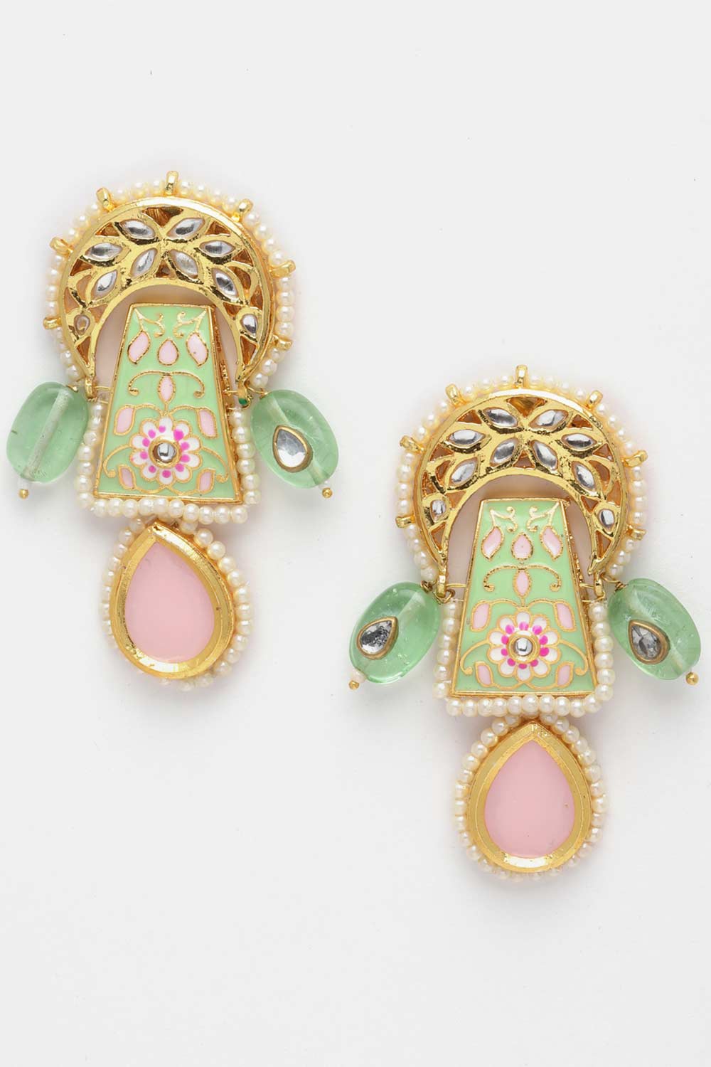 Green And White Drop Earring with Kundan And Pearls
