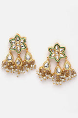 Green And Gold Drop Earring with Kundan And Pearls