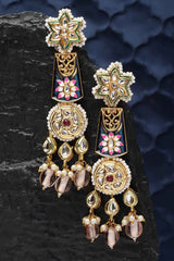 Blue And Green Drop Earring With Kundan And Pearls