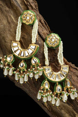 Green And Gold Drop Earring With Kundan And Pearls