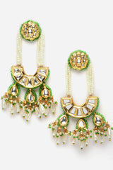 Green And Gold Drop Earring With Kundan And Pearls