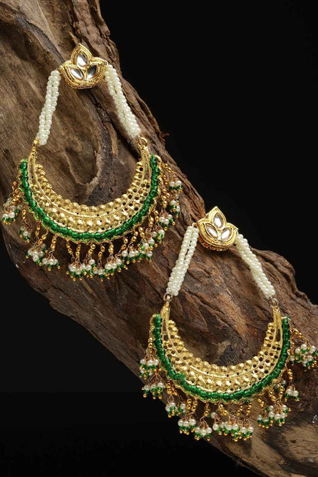 Green And Gold Drop Earring With Kundan And Pearls