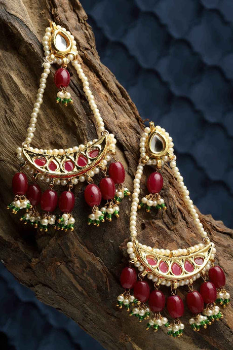 Red And Green Drop Earring With Kundan And Pearls