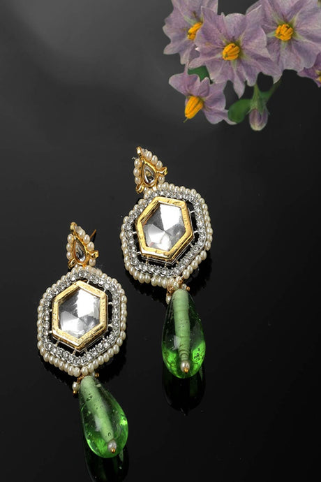 Green And Silver Drop Earring With Kundan And American Diamond