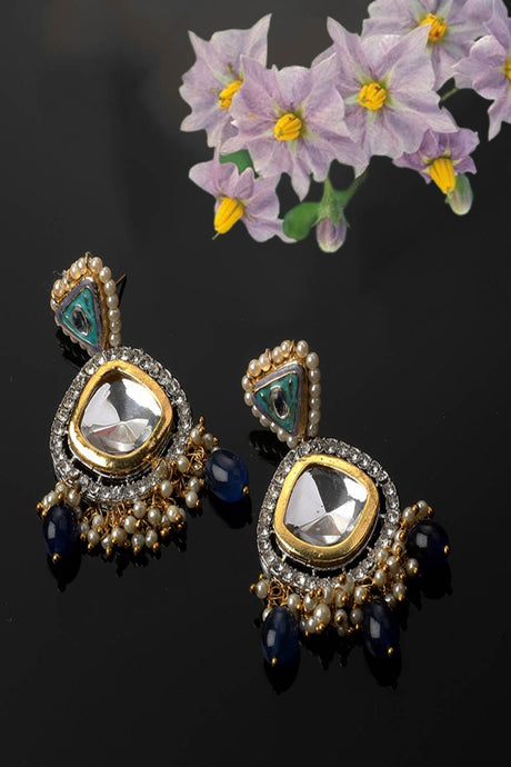 Blue And Green Drop Earring With Kundan And American Diamond