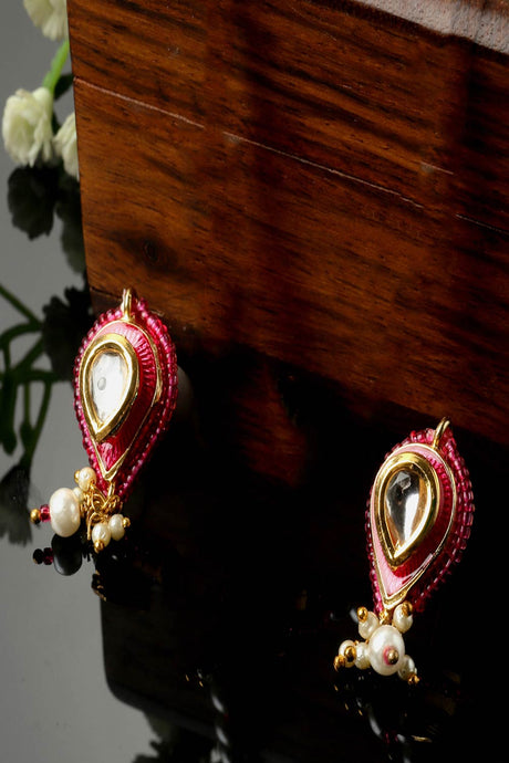 Pink And Gold Drop Earring With Kundan And Pearls