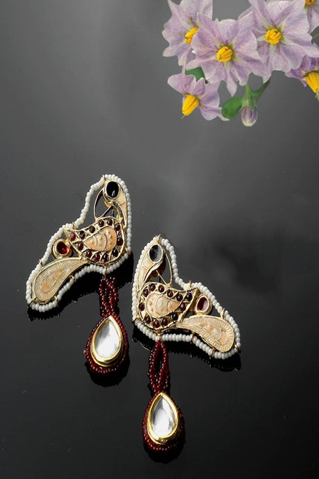 Peach And Red Drop Earring With Kundan And Pearls