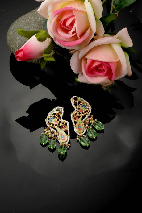 Green And Red Drop Earring With Kundan And Pearls