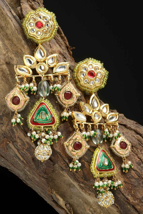 Green And Pink Drop Earring With Kundan And Pearls