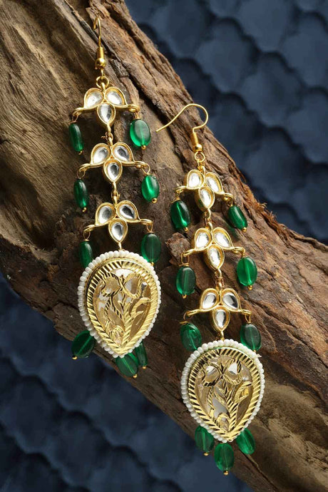 Green And Gold Drop Earring With Kundan And Pearls