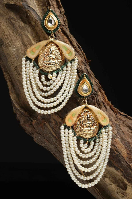 Peach And Cream Drop Earring With Kundan And Pearls
