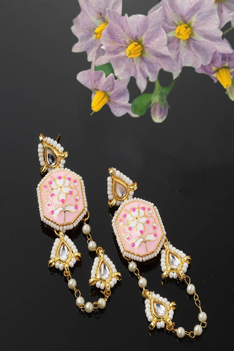 Pink And Gold Drop Earring With Kundan And Pearls