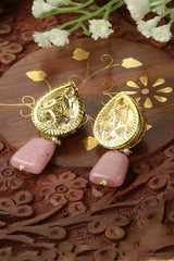 Pink And Gold Drop Earring With Kundan And Natural Stones
