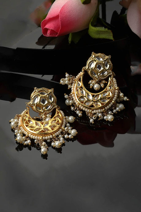 Gold And White Drop Earring With Kundan And Pearls