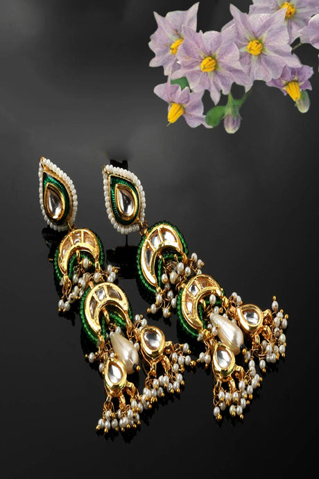 Green And Gold Drop Earring With Kundan And Pearls