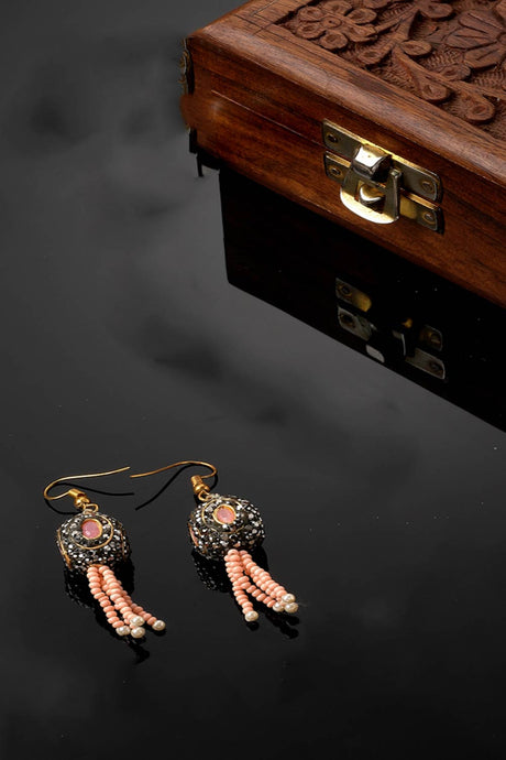 Pink And Black Drop Earring With Kundan And Pearls