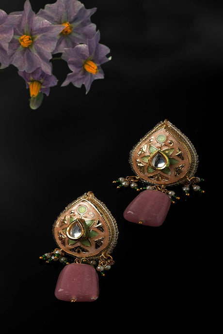 Peach And Pink Drop Earring With Kundan And Pearls