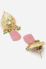 Peach And Pink Drop Earring With Kundan And Pearls