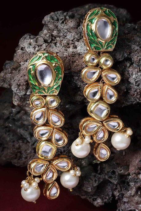 Green And Gold Drop Earring With Kundan And Pearls