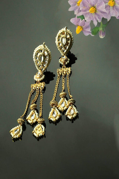 Gold And White Drop Earring With Kundan And Pearls