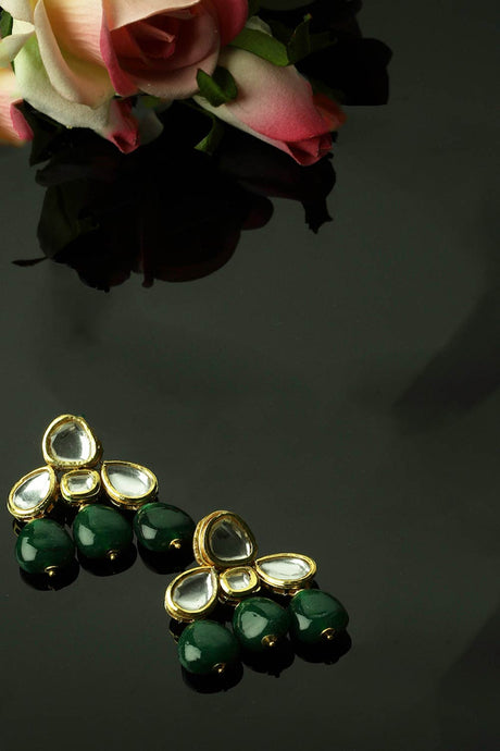 Green And Gold Drop Earring With Kundan And Pearls