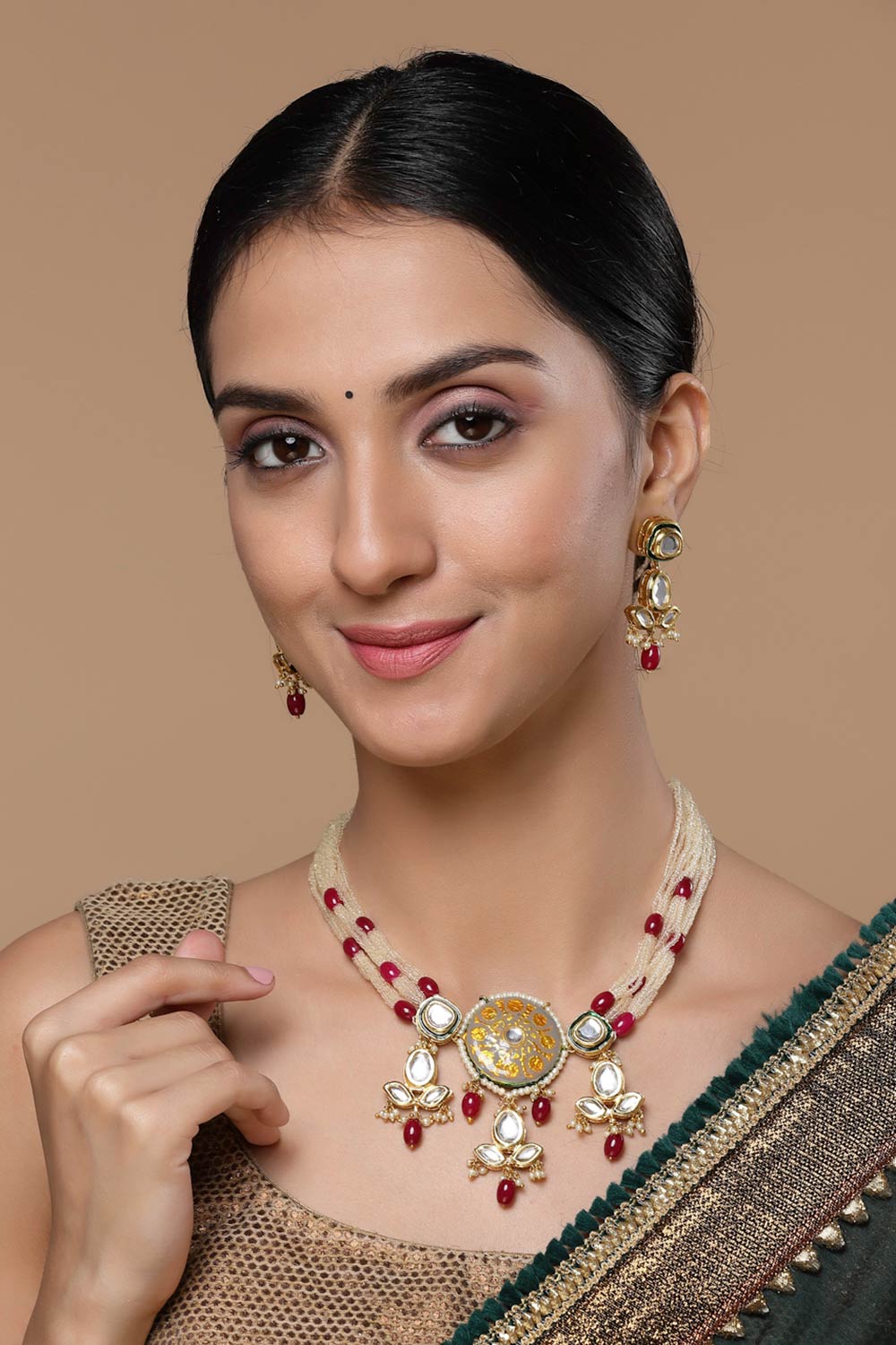 Red And Green Drop Earring With Kundan And Pearls