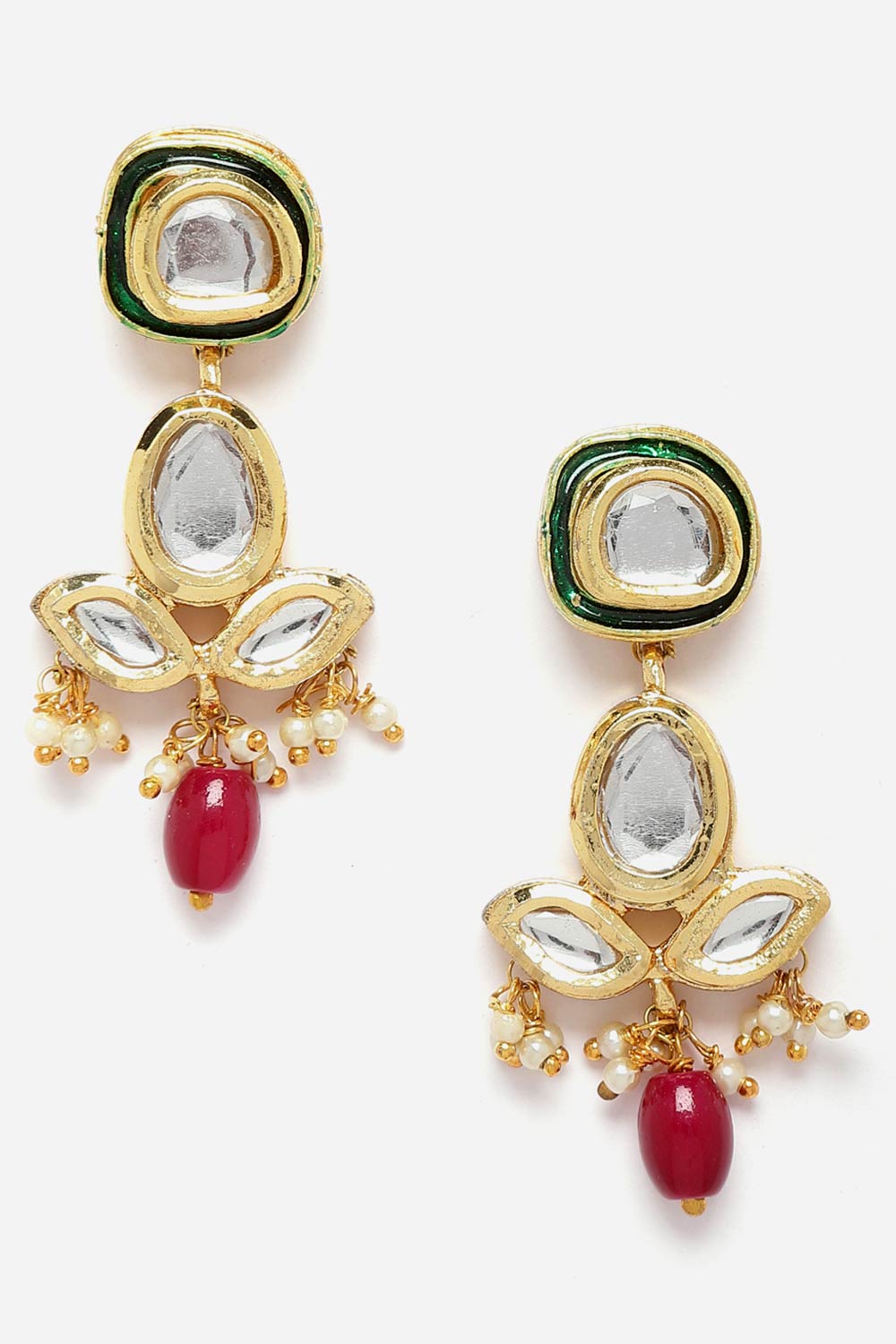 Red And Green Drop Earring With Kundan And Pearls