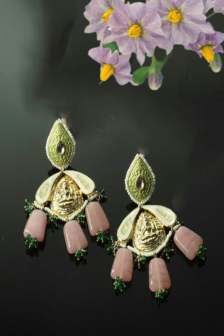 Pink And Green Drop Earring With Kundan And Pearls