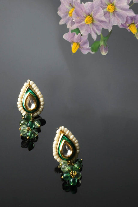 Green And Cream Drop Earring With Kundan And Pearls