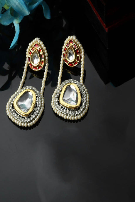 Red And Gold Drop Earring With Kundan And American Diamonds