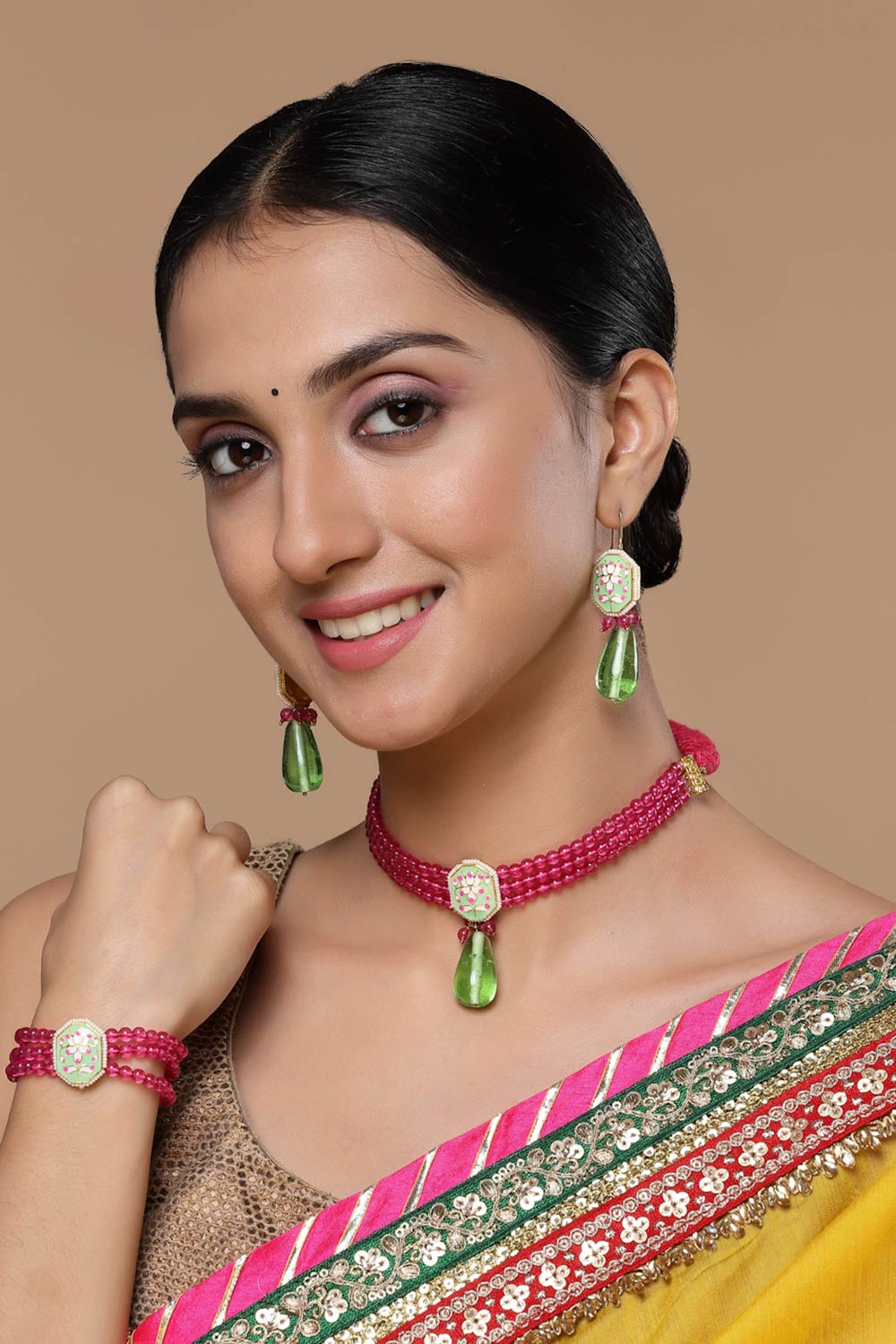 Green And Pink Drop Earring With Kundan And Pearls