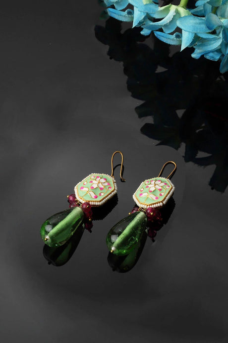 Green And Pink Drop Earring With Kundan And Pearls