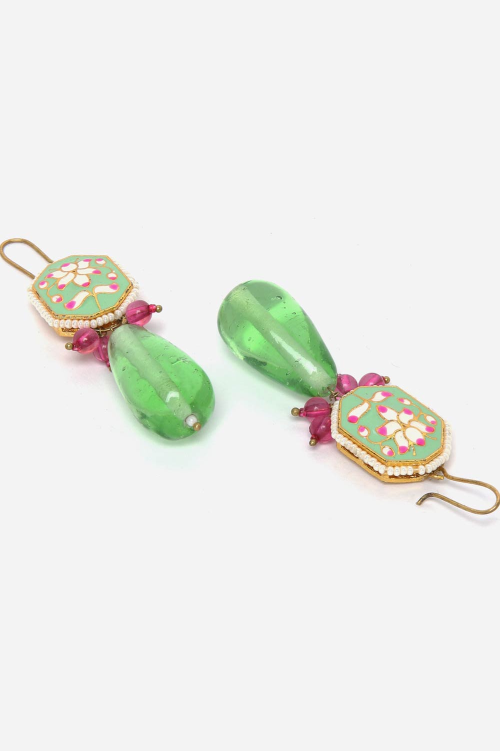 Green And Pink Drop Earring With Kundan And Pearls