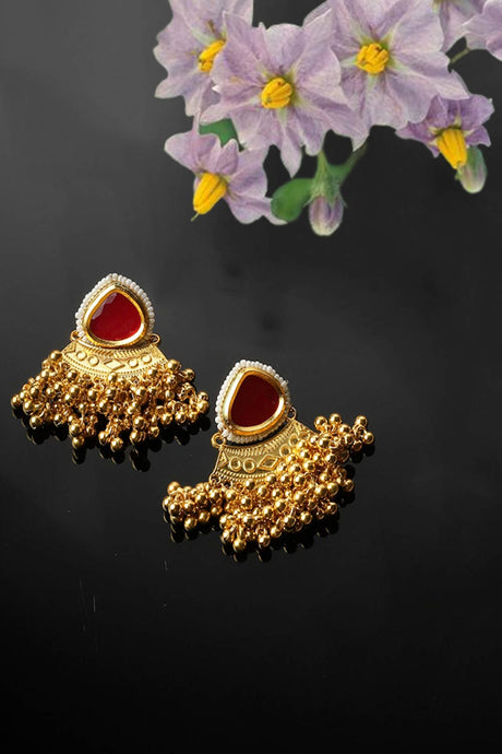 Red And Gold Drop Earring With Kundan And Pearls