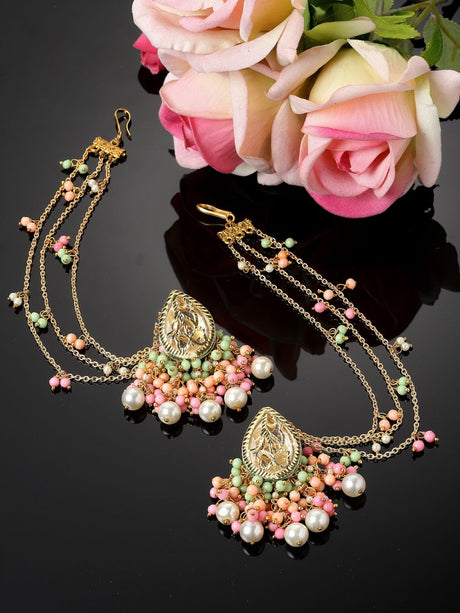 Pink And Peach Drop Earring With Kundan And Pearls