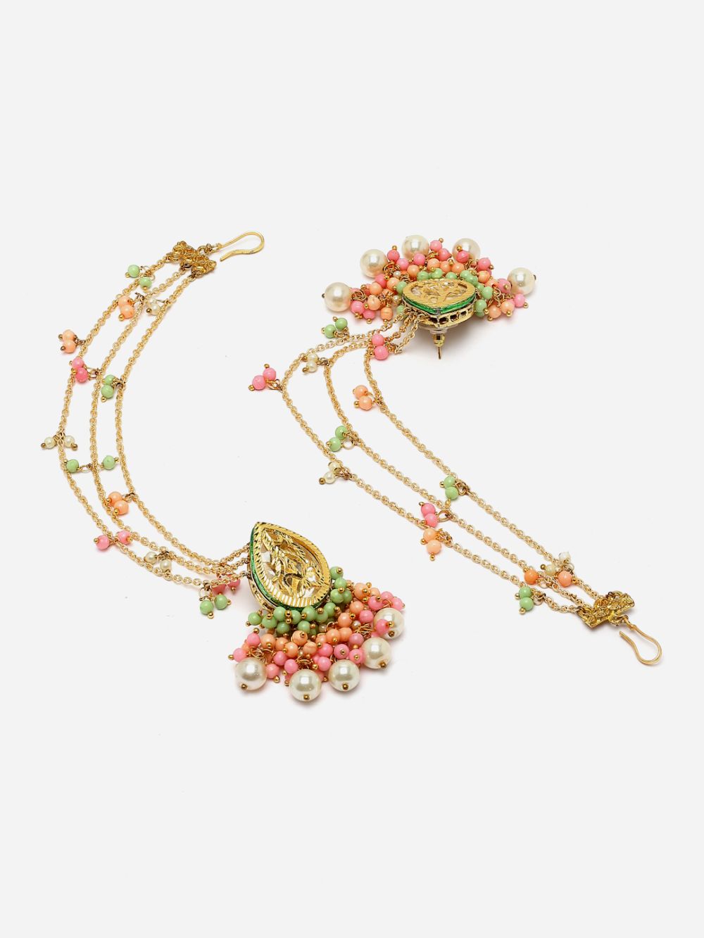 Pink And Peach Drop Earring With Kundan And Pearls