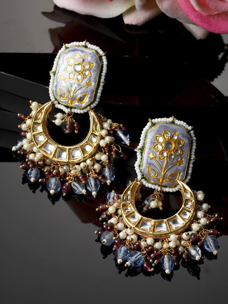 Blue And Brown Drop Earring With Kundan And Pearls