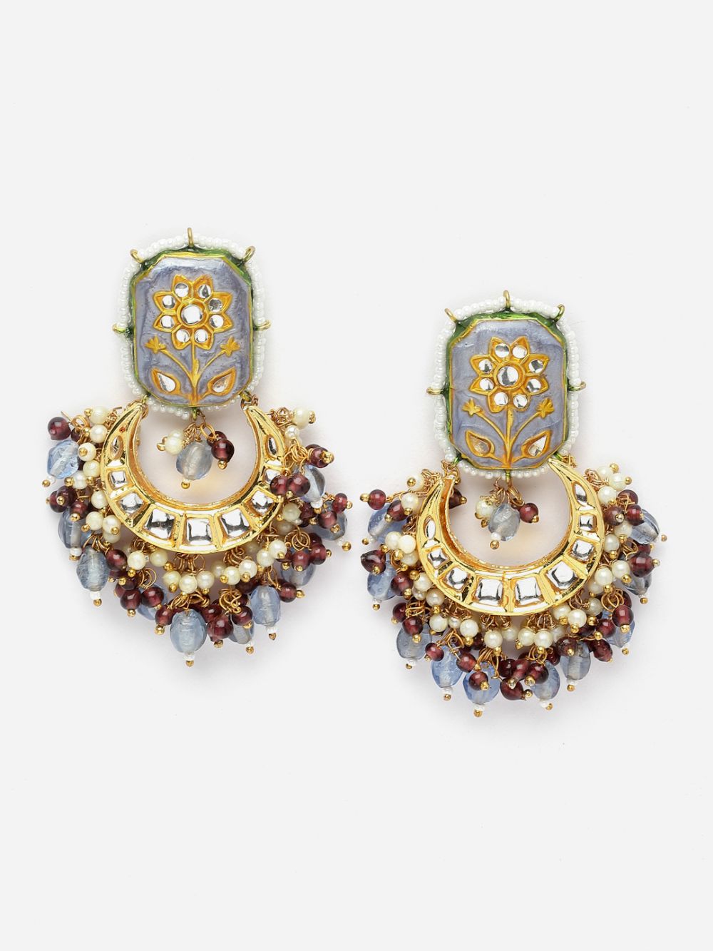 Blue And Brown Drop Earring With Kundan And Pearls