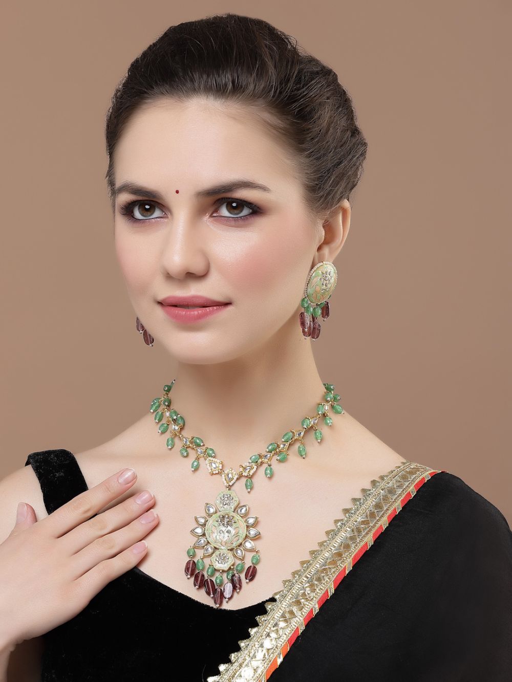 Green And Peach Drop Earring With Kundan And Pearls