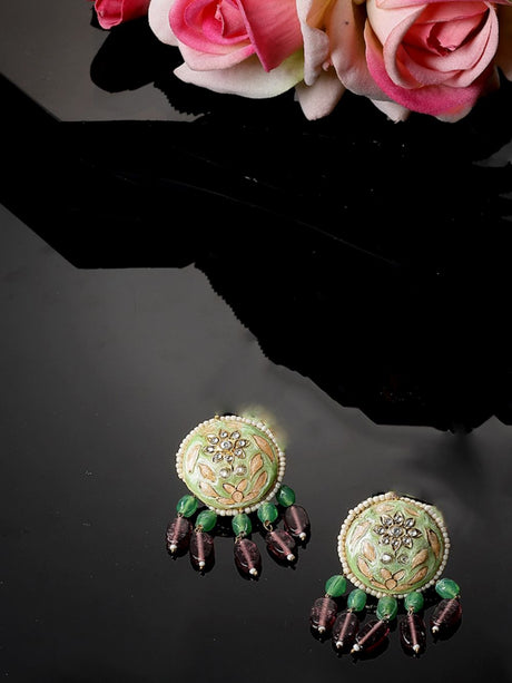 Green And Peach Drop Earring With Kundan And Pearls