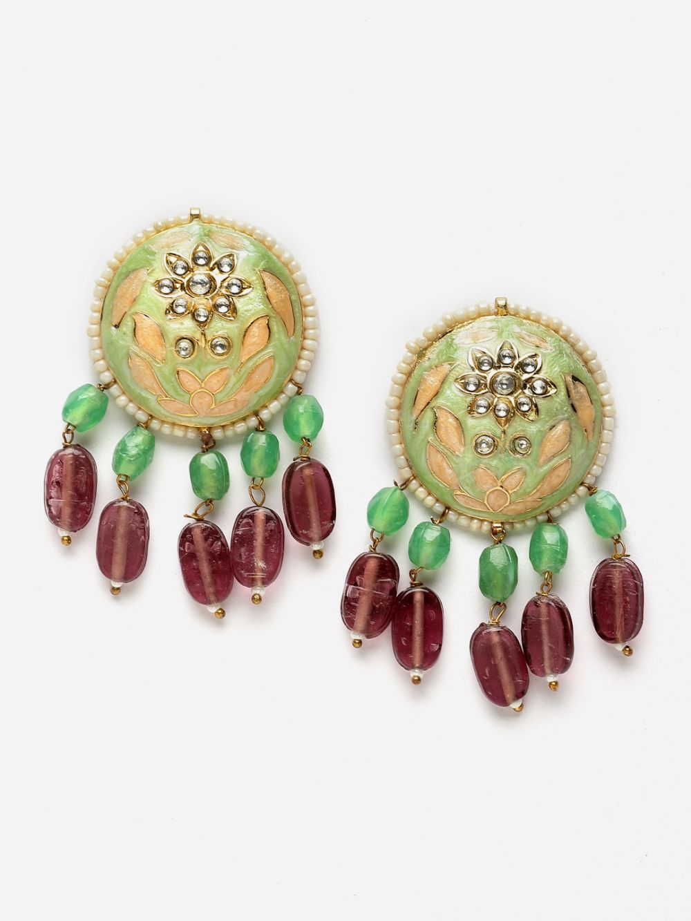 Green And Peach Drop Earring With Kundan And Pearls