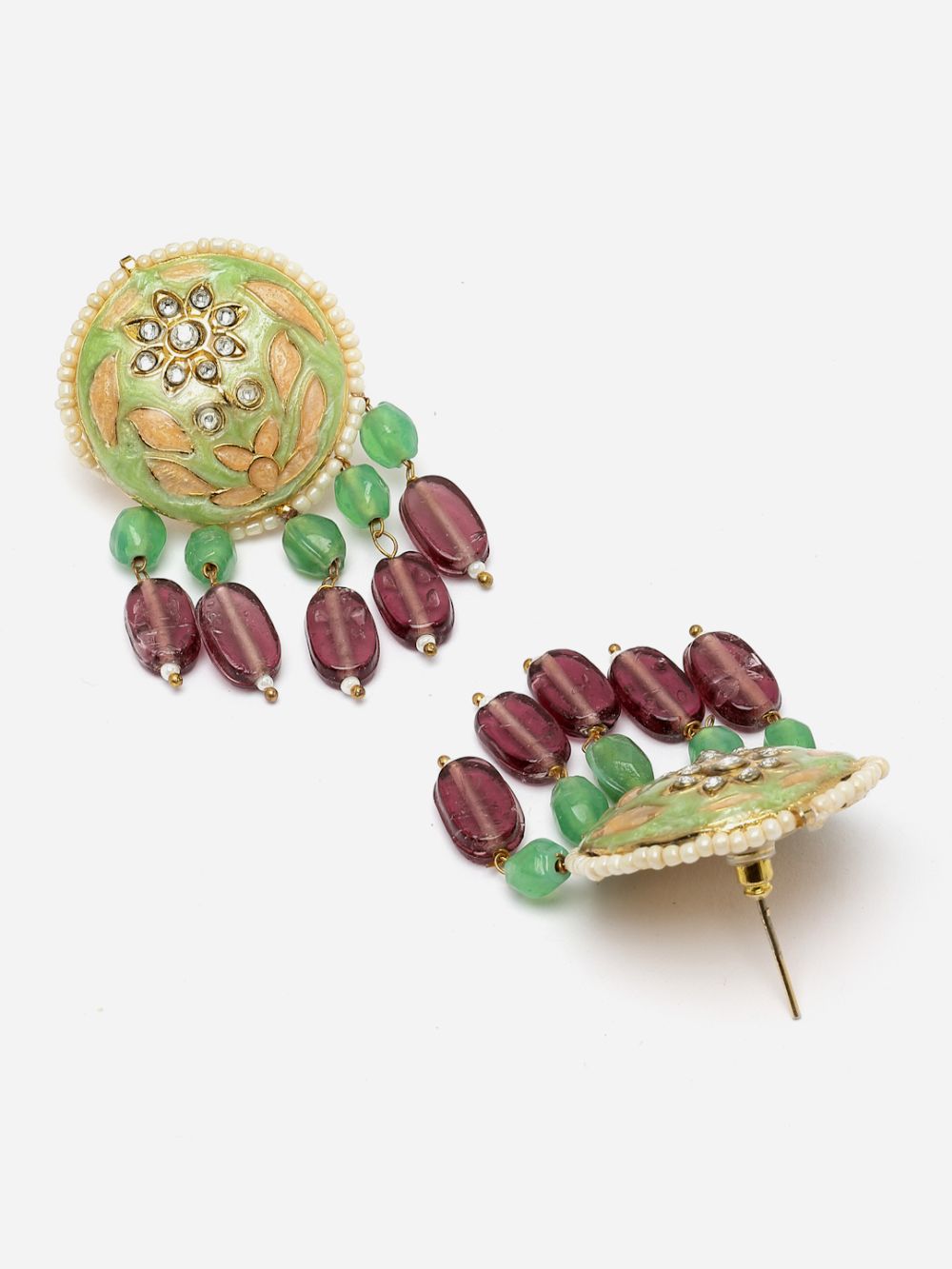 Green And Peach Drop Earring With Kundan And Pearls