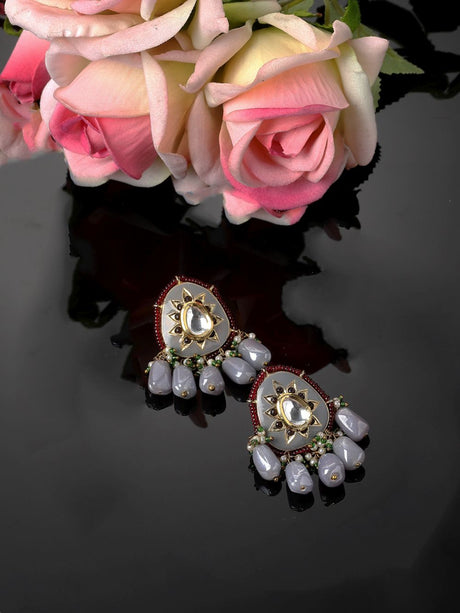 Grey And Red Drop Earring With Kundan And Pearls