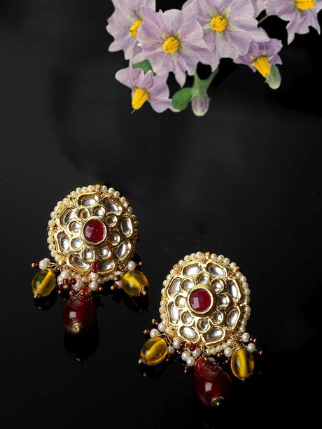 Maroon And Yellow Drop Earring With Kundan And Pearls