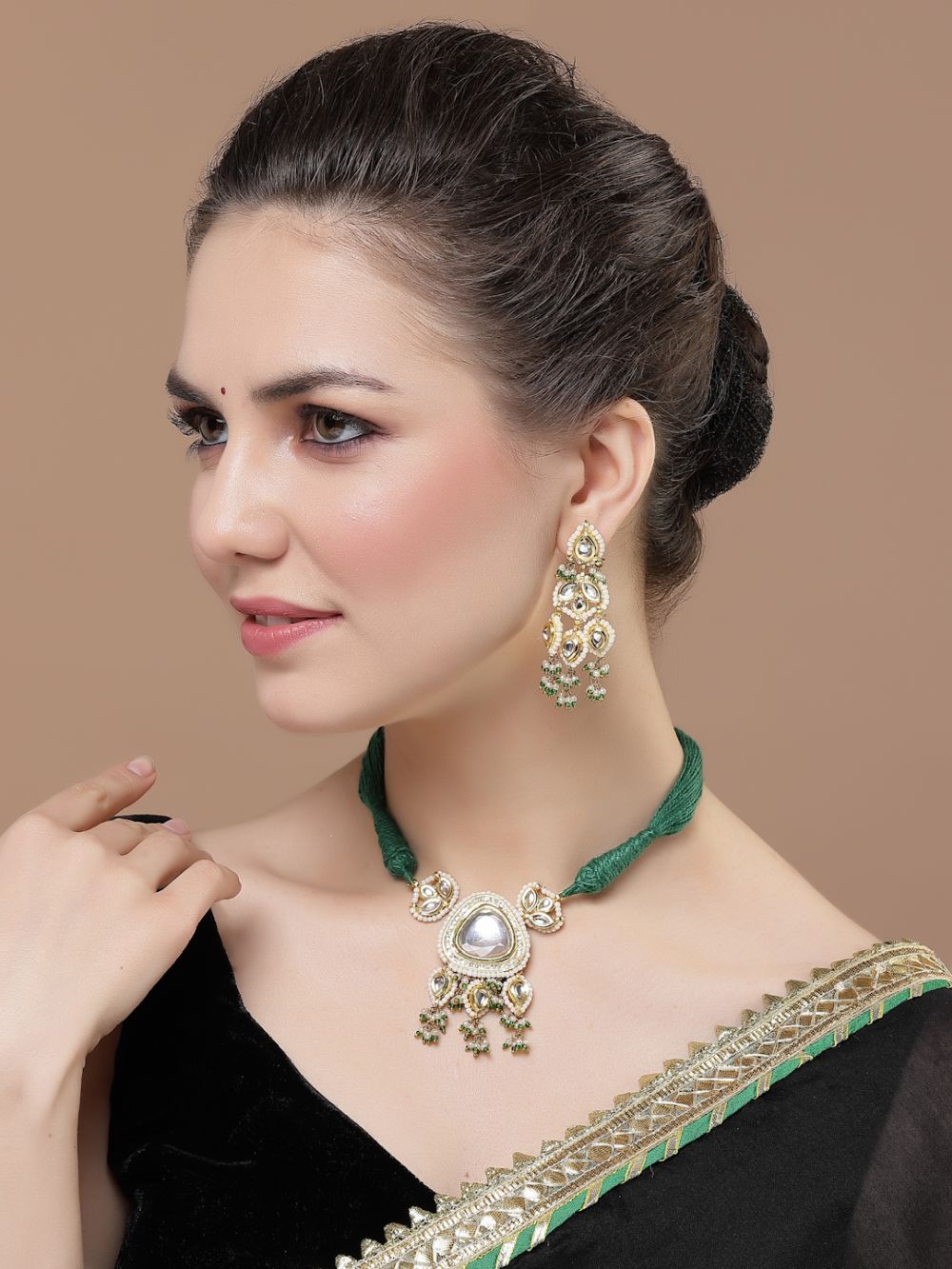 Green And Gold Drop Earring With Kundan And Pearls