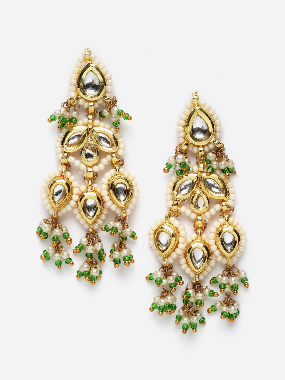 Green And Gold Drop Earring With Kundan And Pearls