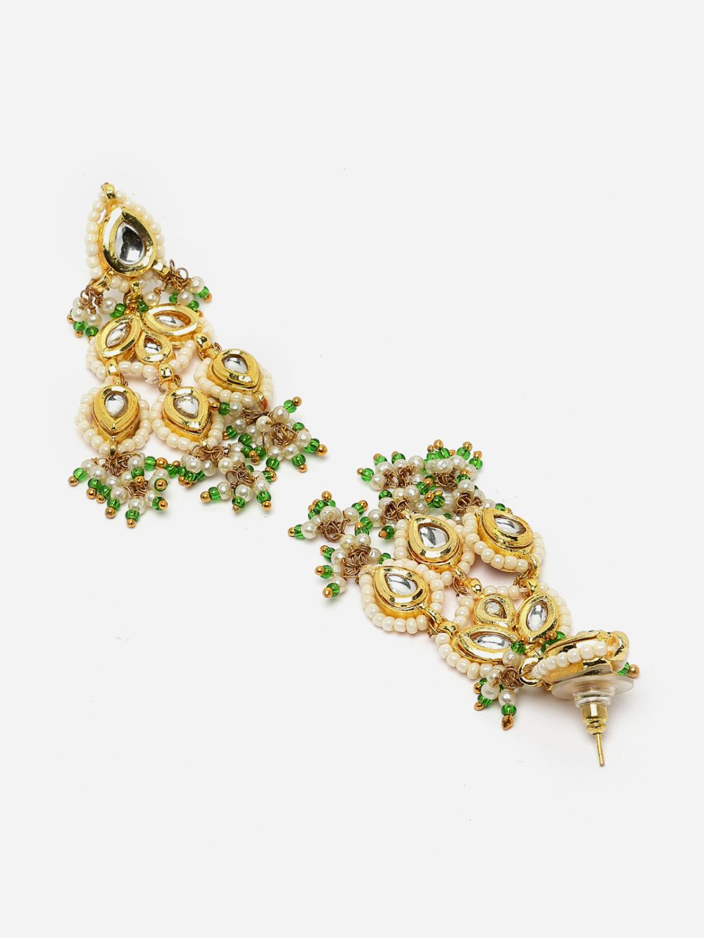 Green And Gold Drop Earring With Kundan And Pearls