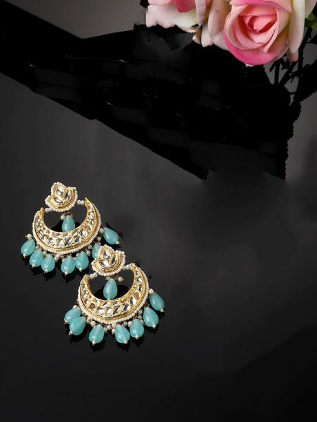 Blue And Gold Drop Earring With Kundan And Pearls