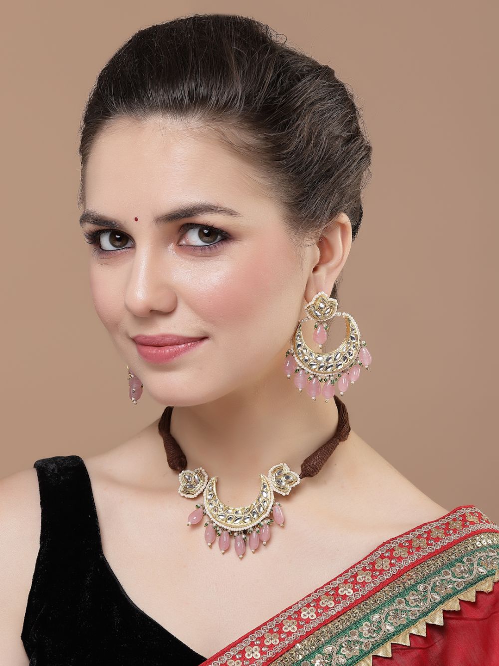 Pink And Gold Drop Earring With Kundan And Pearls