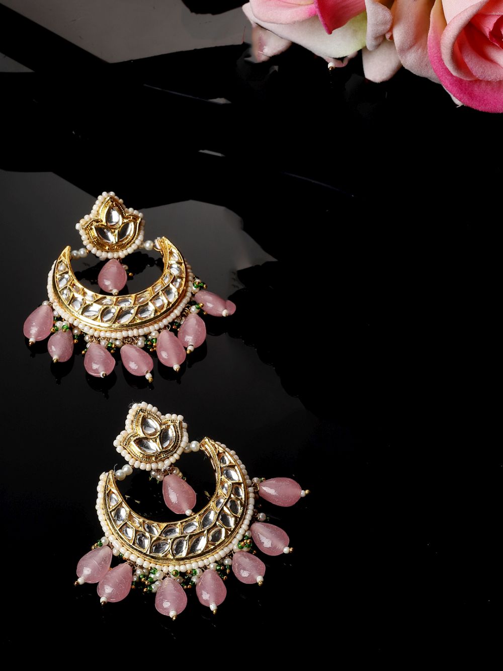 Pink And Gold Drop Earring With Kundan And Pearls